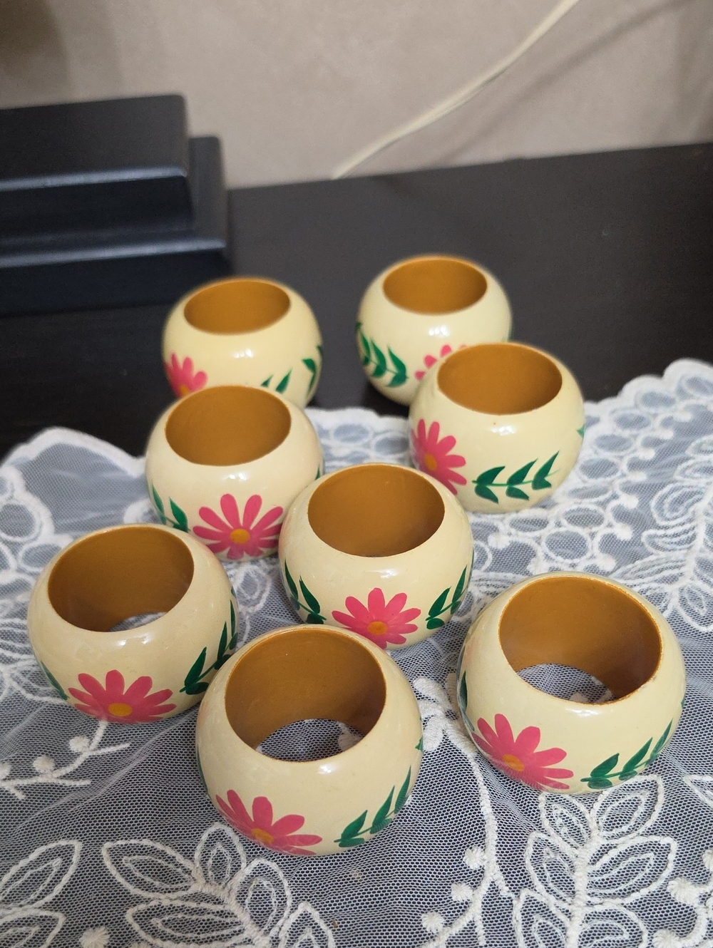 Pottery Barn Cream Napkin Rings with Pink Flowers and Green Leaves